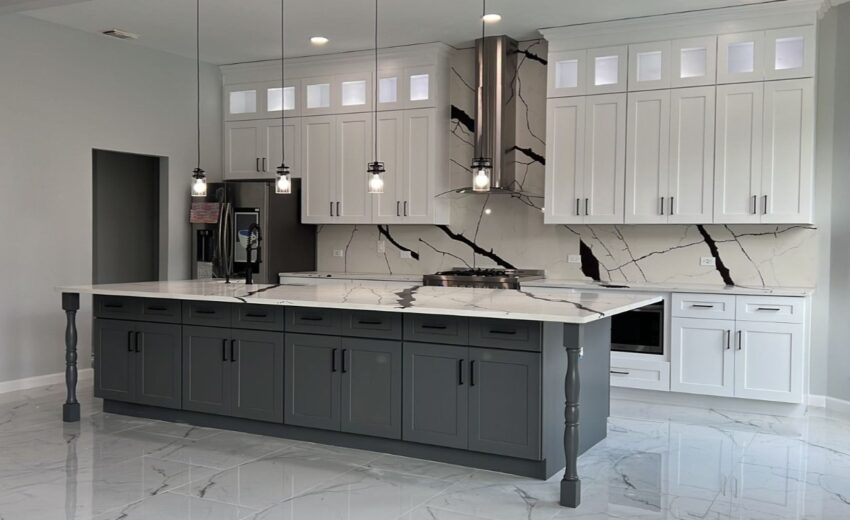 Classic Gray Wood Kitchen: White Gloss Countertop