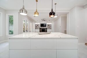 Contemporary White Kitchen With Gray Marble Countertop