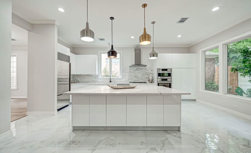 Sleek White Kitchen With Gray Marble Aesthetic