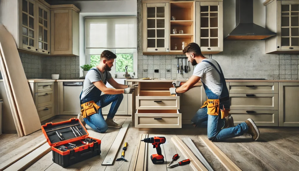 Contractors Installing Custom Cabinetry In A Modern Kitchen During A Renovation