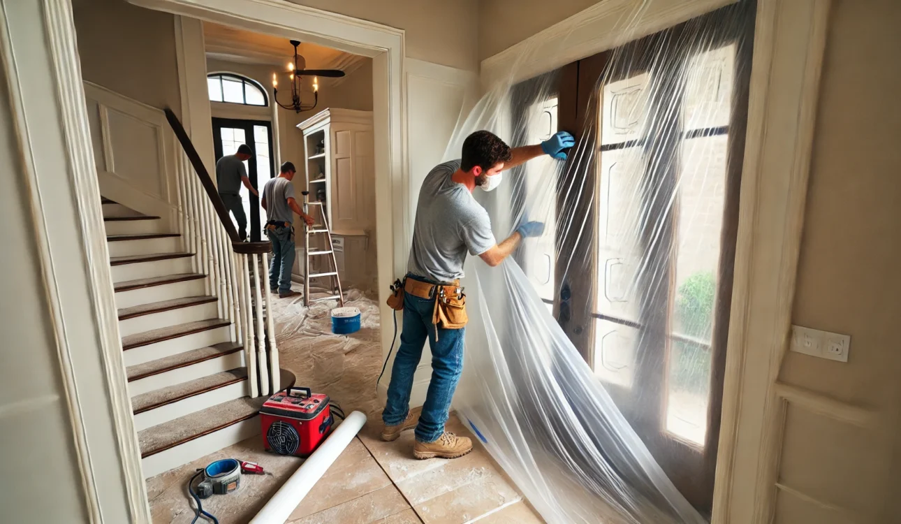 Contractors Sealing A Doorway With Plastic Sheeting During A Houston Remodel