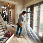 Contractors Sealing A Doorway With Plastic Sheeting During A Houston Remodel