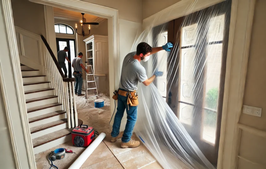 Contractors Sealing A Doorway With Plastic Sheeting During A Houston Remodel