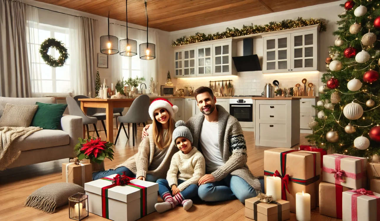 Family Enjoying A Newly Remodeled Kitchen And Living Room Decorated For The Holidays