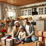 Family Enjoying A Newly Remodeled Kitchen And Living Room Decorated For The Holidays