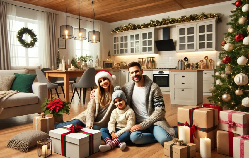 Family Enjoying A Newly Remodeled Kitchen And Living Room Decorated For The Holidays