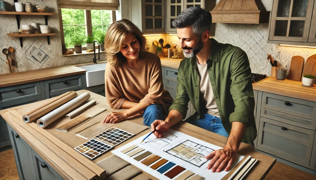 Homeowner And Designer Reviewing Kitchen Renovation Plans Together