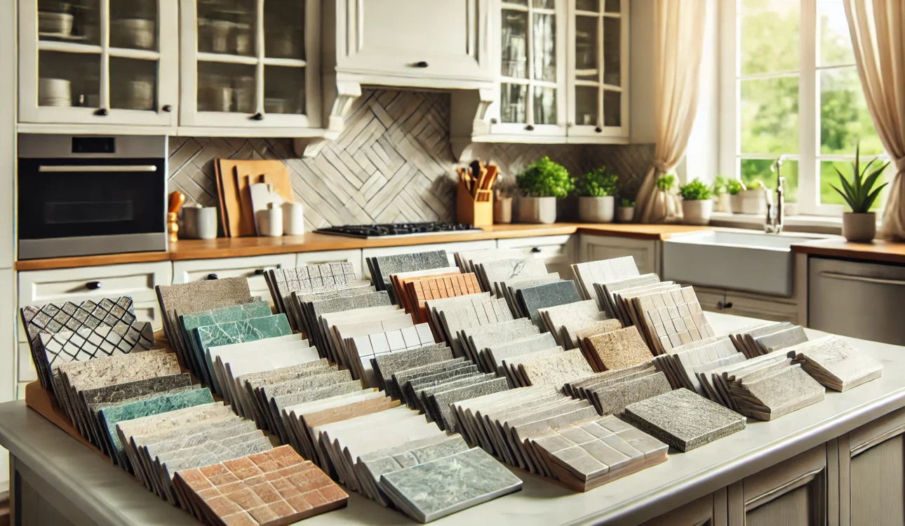 Close-Up Of Various Kitchen Backsplash Materials Such As Tile, Glass, And Stone Samples, Displayed On A Countertop.