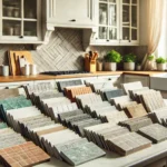 Close-Up Of Various Kitchen Backsplash Materials Such As Tile, Glass, And Stone Samples, Displayed On A Countertop.