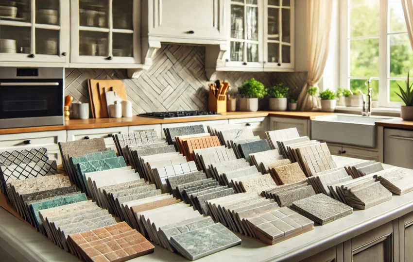 Close-Up Of Various Kitchen Backsplash Materials Such As Tile, Glass, And Stone Samples, Displayed On A Countertop.