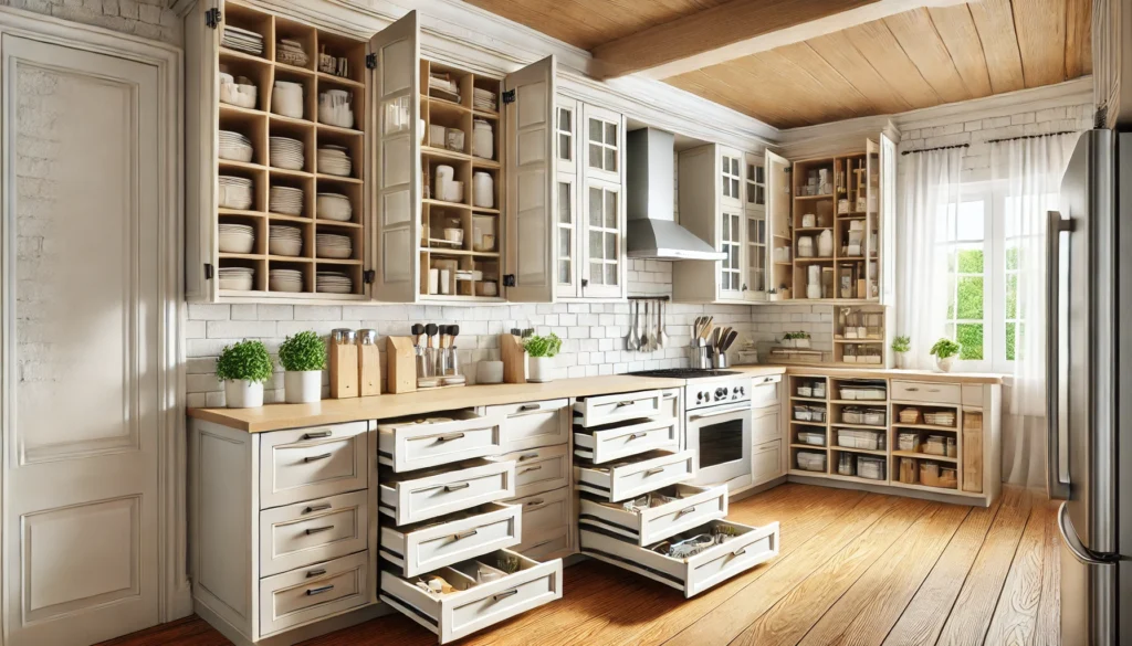 Kitchen Design With Custom Cabinetry, Pull-Out Shelves, And Built-In Storage Solutions