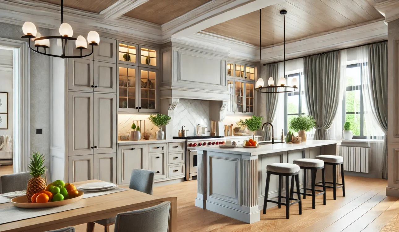 A Beautiful Modern Kitchen With Custom Cabinetry And A Central Island