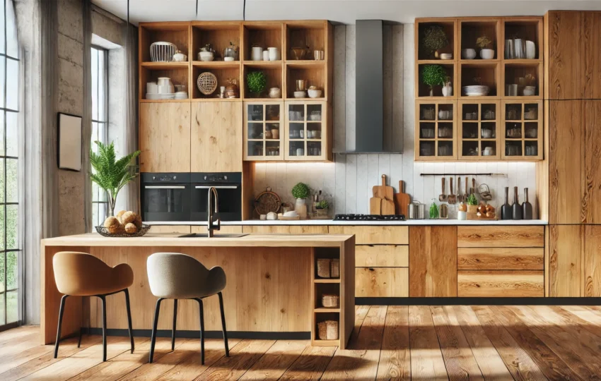 Modern Kitchen With A Variety Of Wood Kitchen Cabinets Featuring Oak, Maple, And Walnut Finishes