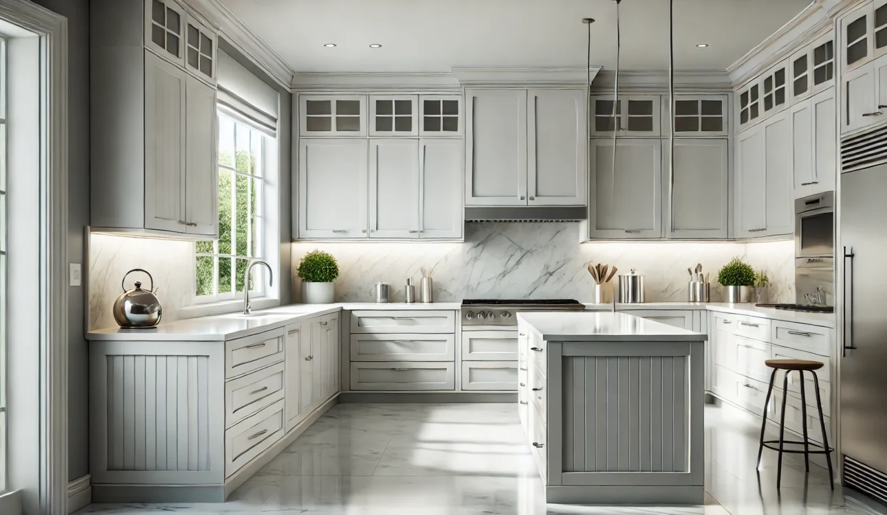 Modern Kitchen With Refaced Cabinets Featuring Sleek White Veneers And Updated Stainless-Steel Hardware.