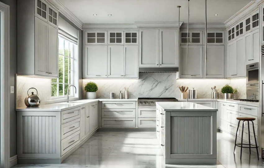 Modern Kitchen With Refaced Cabinets Featuring Sleek White Veneers And Updated Stainless-Steel Hardware.