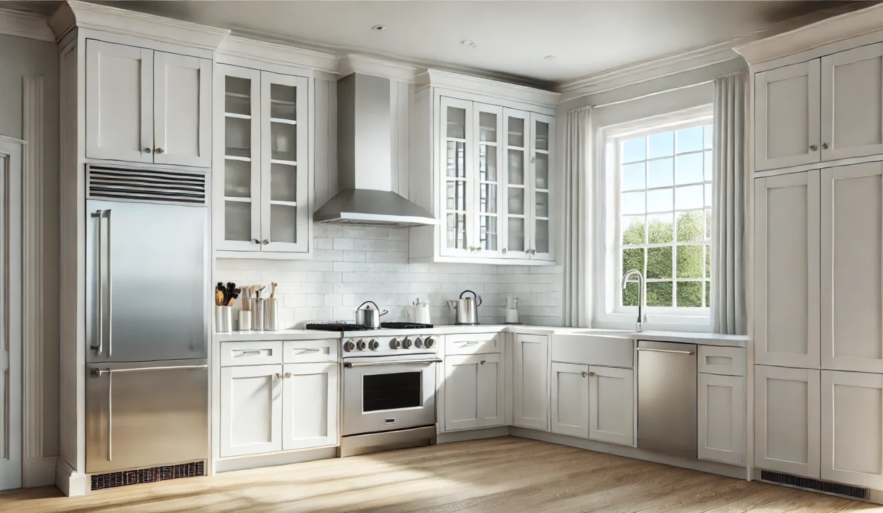 Modern Kitchen With A Mix Of Base, Wall, And Tall Cabinets In Standard Sizes, Featuring White Shaker-Style Cabinetry.