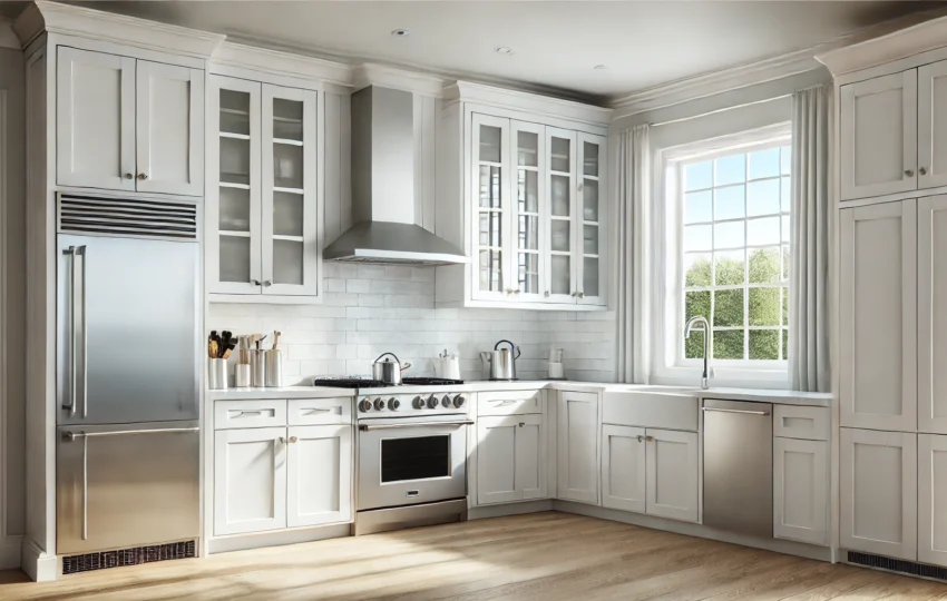 Modern Kitchen With A Mix Of Base, Wall, And Tall Cabinets In Standard Sizes, Featuring White Shaker-Style Cabinetry.