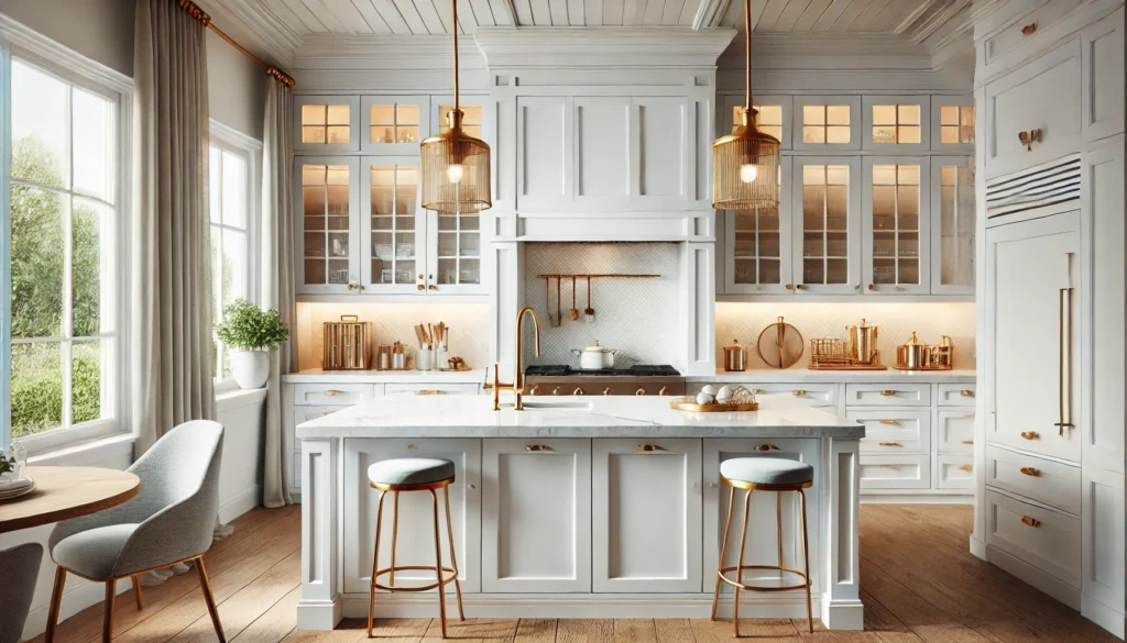 Modern Kitchen Island With White Shaker Cabinets And Gold Hardware, Featuring A Quartz Countertop.