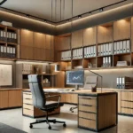 Modern Office With Premium Custom Cabinets In A Sleek Wood Finish, Featuring Overhead Storage And A Built-In Desk.