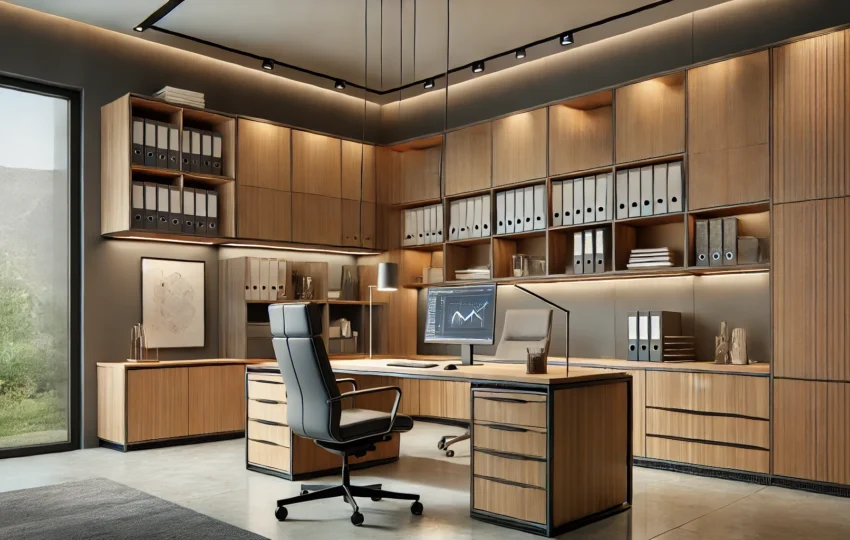 Modern Office With Premium Custom Cabinets In A Sleek Wood Finish, Featuring Overhead Storage And A Built-In Desk.