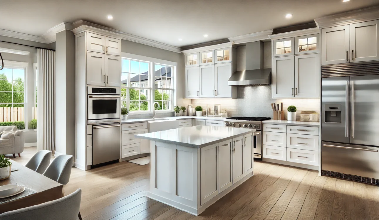 Modern Kitchen With Upgraded White Cabinets, A Quartz Island, And Stainless Steel Appliances.