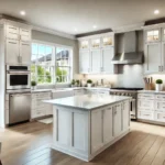 Modern Kitchen With Upgraded White Cabinets, A Quartz Island, And Stainless Steel Appliances.