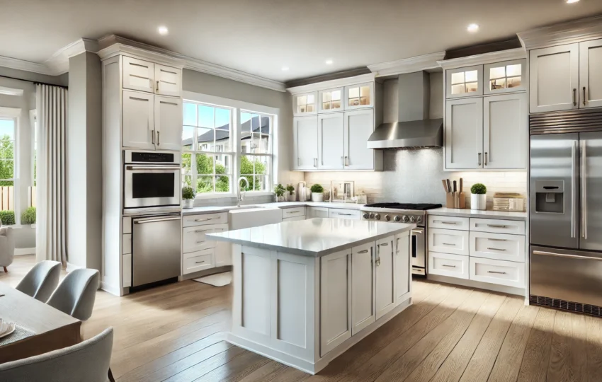 Modern Kitchen With Upgraded White Cabinets, A Quartz Island, And Stainless Steel Appliances.