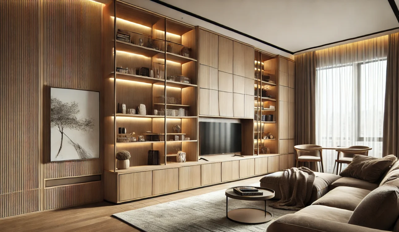 Modern Living Room With Custom-Built Cabinets Featuring Open Shelving And Hidden Compartments.