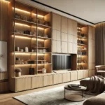 Modern Living Room With Custom-Built Cabinets Featuring Open Shelving And Hidden Compartments.