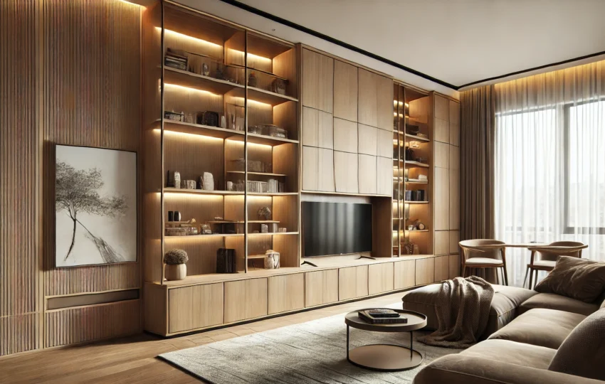 Modern Living Room With Custom-Built Cabinets Featuring Open Shelving And Hidden Compartments.