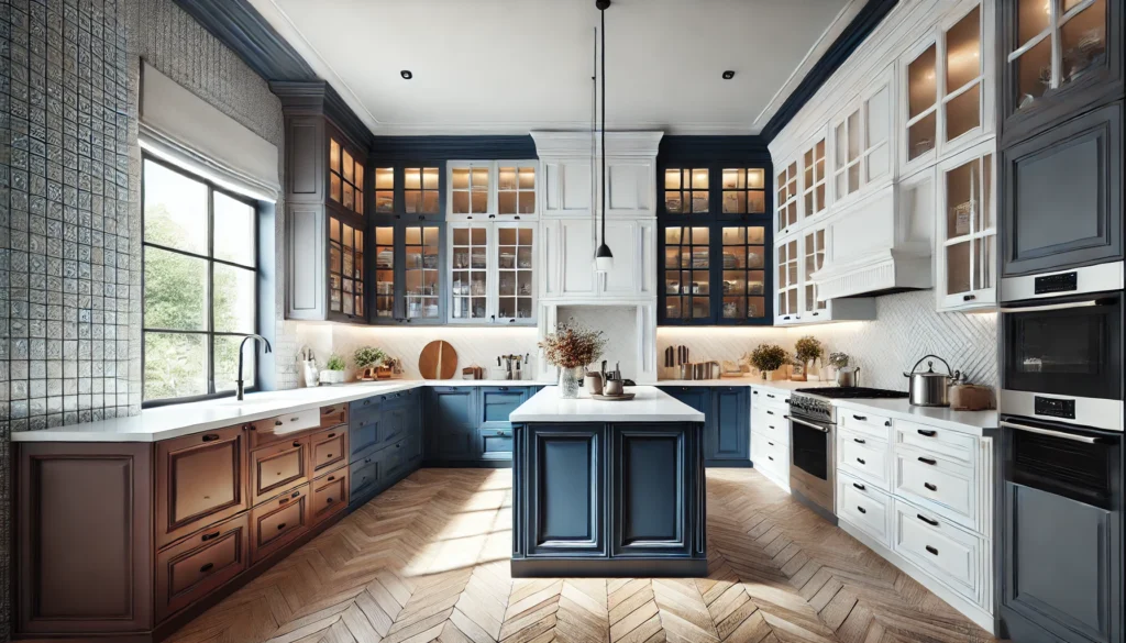 Modern Kitchen With Two-Tone Custom Cabinetry In Navy Blue And White.