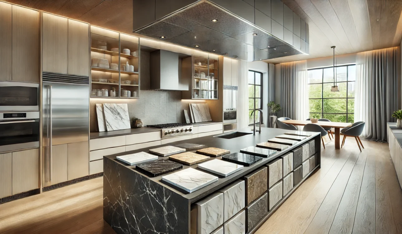 A Modern Kitchen Displaying Various Countertop Samples On An Island