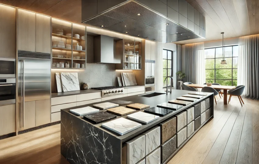 A Modern Kitchen Displaying Various Countertop Samples On An Island