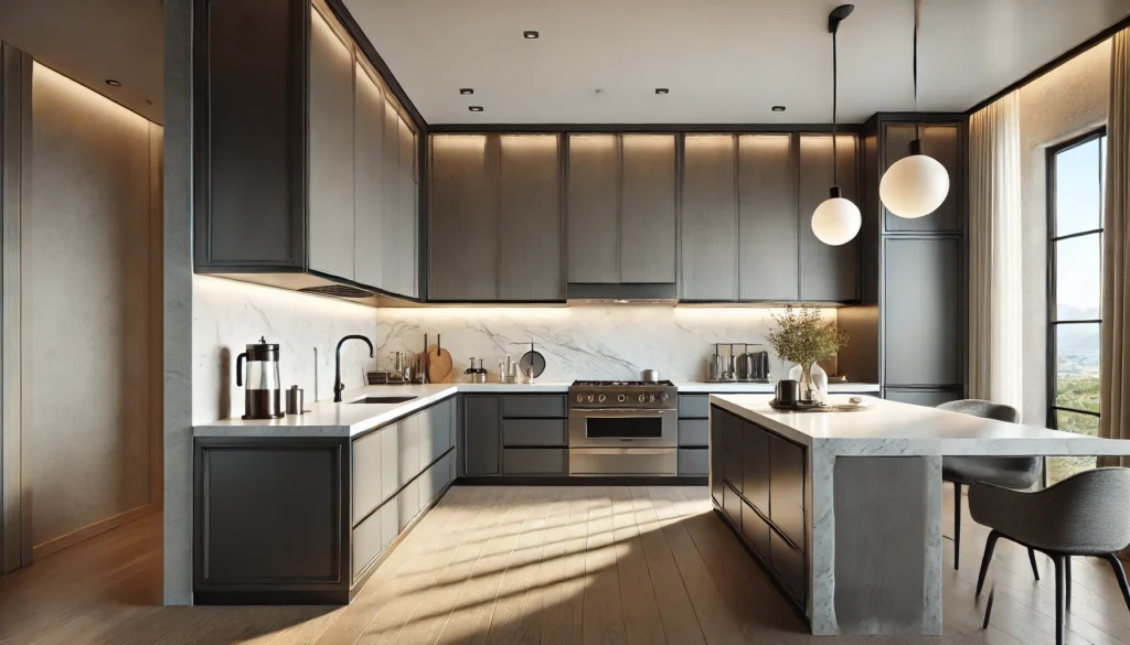 Harmonized Cabinet Color And Countertop Pattern In A Modern Kitchen