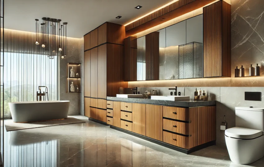 Modern Luxury Bathroom With Custom Cabinets And A Sleek Custom Vanity.