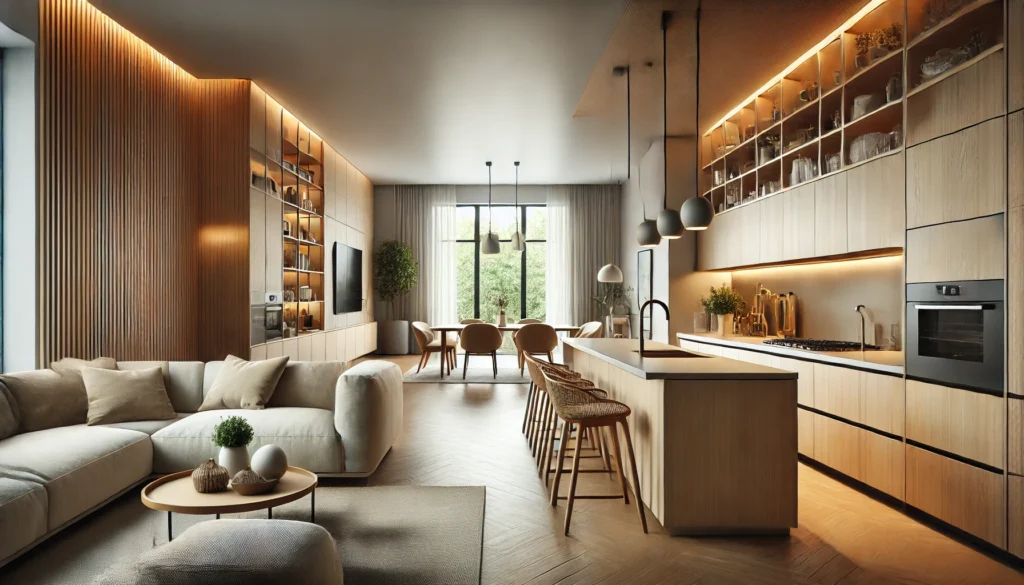 Kitchen Island With Open-Concept Cabinets Transitioning To Living Space