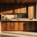 A Modern Kitchen Featuring A Central Custom Island With Wood And Marble Elements, Captured In Soft Natural Light; Ideal For Custom Kitchen Islands And Kitchen Design Ideas.
