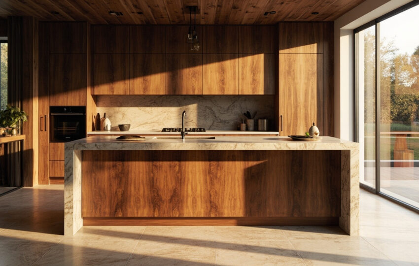 A Modern Kitchen Featuring A Central Custom Island With Wood And Marble Elements, Captured In Soft Natural Light; Ideal For Custom Kitchen Islands And Kitchen Design Ideas.