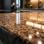 Close-Up Of High Character Granite Countertop Showcasing Intricate Patterns And Rich Color Variation Under Warm Kitchen Lighting, Emphasizing Texture And Detail.
