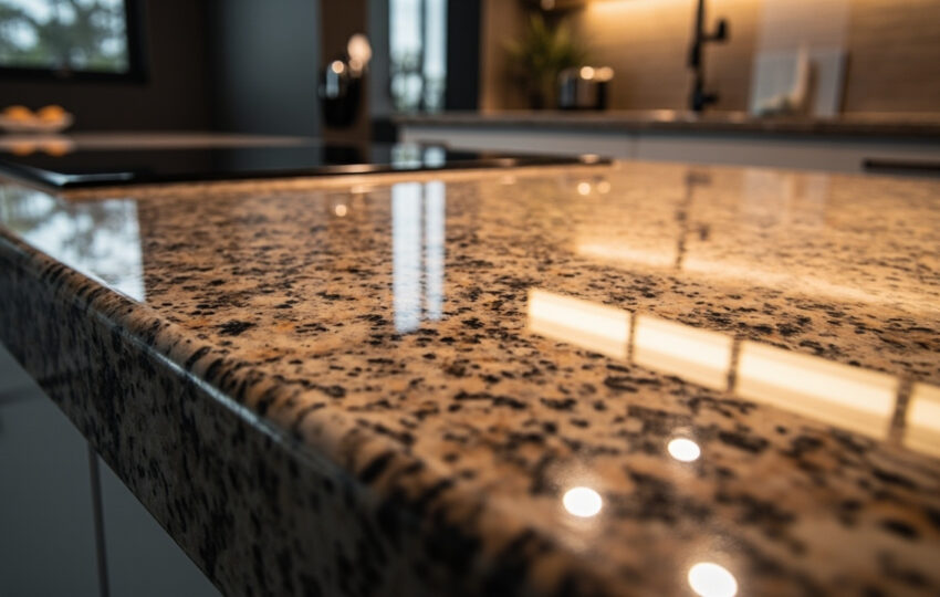 Close-Up Of High Character Granite Countertop Showcasing Intricate Patterns And Rich Color Variation Under Warm Kitchen Lighting, Emphasizing Texture And Detail.