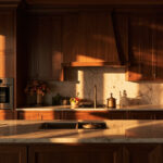 A Luxurious Kitchen Featuring High-End Custom Cabinets, Softened Lighting, And Rich Wood Textures, Created To Enhance Kitchen Design And Home Improvement Aesthetics.