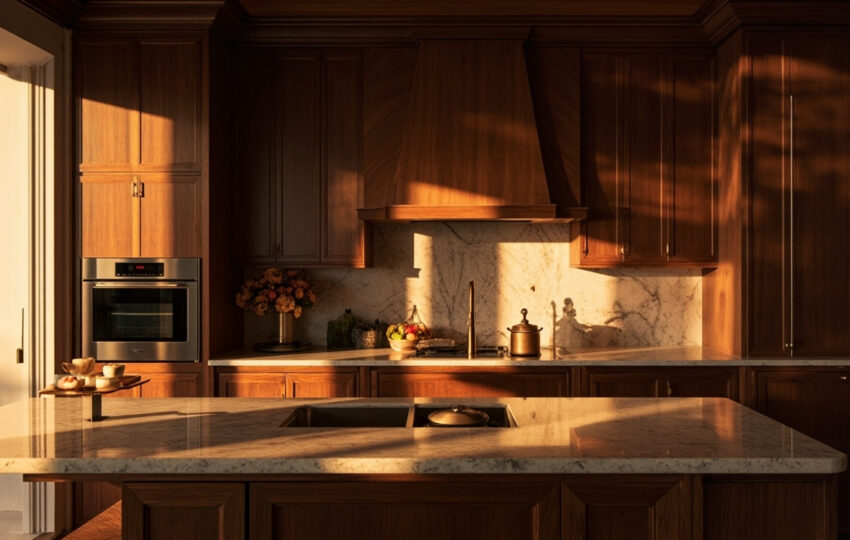 A Luxurious Kitchen Featuring High-End Custom Cabinets, Softened Lighting, And Rich Wood Textures, Created To Enhance Kitchen Design And Home Improvement Aesthetics.
