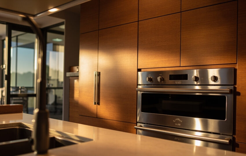 A Modern Luxury Kitchen Featuring High-End Stainless Steel Appliances Integrated With Custom Wooden Cabinetry, Captured With Warm Ambient Lighting.