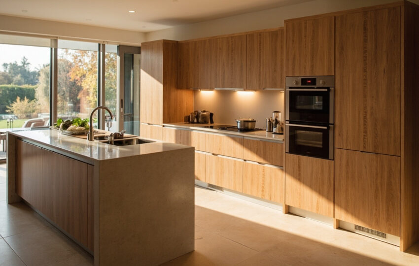 A Warm And Inviting Modern Kitchen Featuring Sleek Custom Cabinets With A Natural Wood Finish, Captured In Houston By A Hasselblad X2D 100C.
