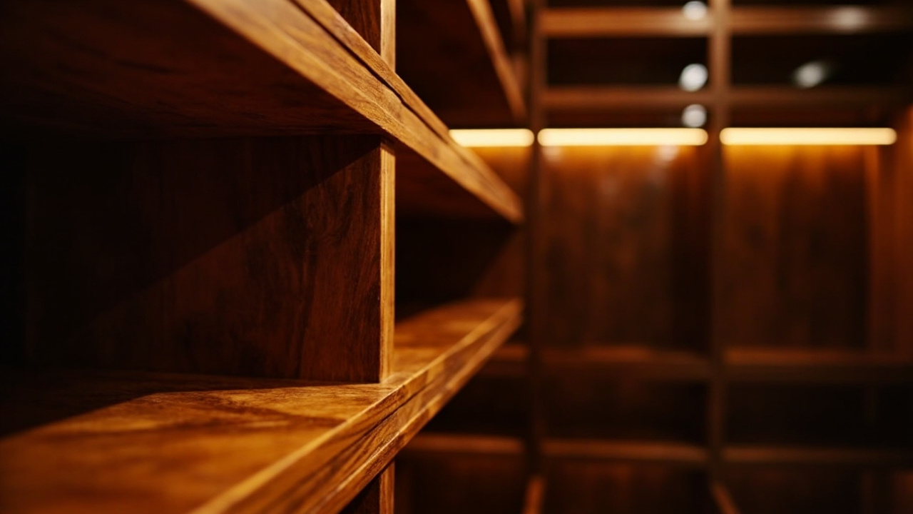 A Close-Up View Of A High-End Custom Closet Shelf System Made From Rich Wood Showcasing Its Grain And Durability, Perfect For Rta Closets And Custom Closet Solutions.
