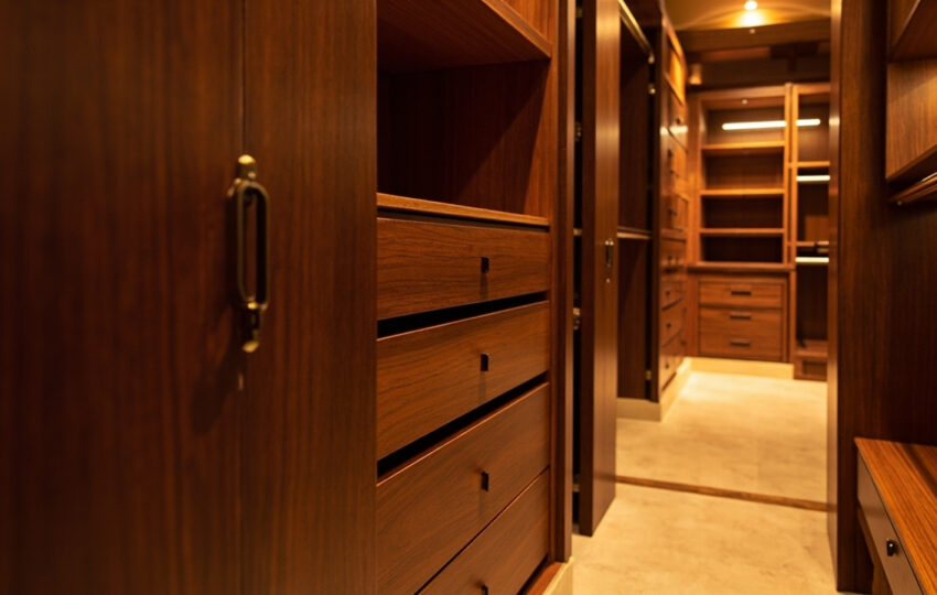 A Spacious Walk-In Closet With Custom Cabinets In A Houston Home Design, Featuring Warm Ambient Lighting And Rich Wood Textures.