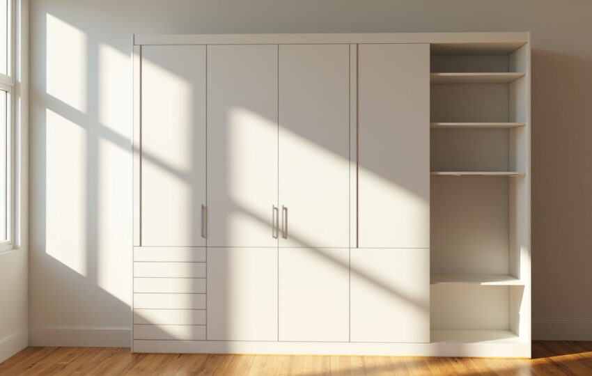 A Modern, Stylish Rta Closet Setup In A Sunlit Bedroom Showcasing Evita Cabinets, Captured With A Hasselblad X2D 100C Camera.