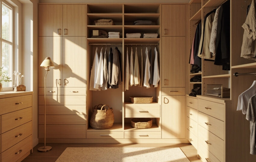 A Beautifully Organized Walk-In Closet Featuring Rta Closets And Custom-Crafted Units With Natural Sunlight Filtering In.