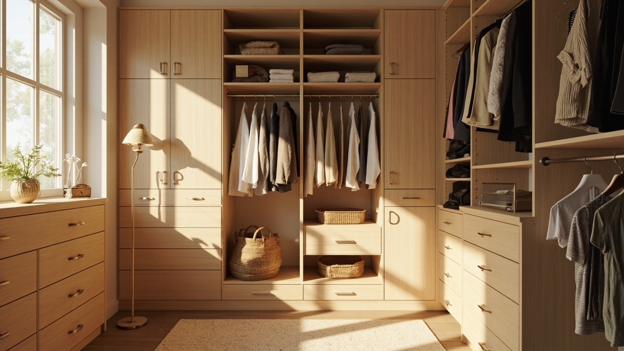 A Beautifully Organized Walk-In Closet Featuring Rta Closets And Custom-Crafted Units With Natural Sunlight Filtering In.