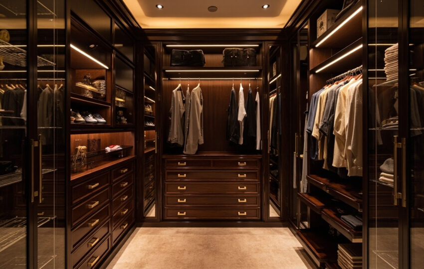 An Elegant Walk-In Closet Featuring Custom Cabinets, Neatly Organized Clothes, And Subtle, Warm Lighting.